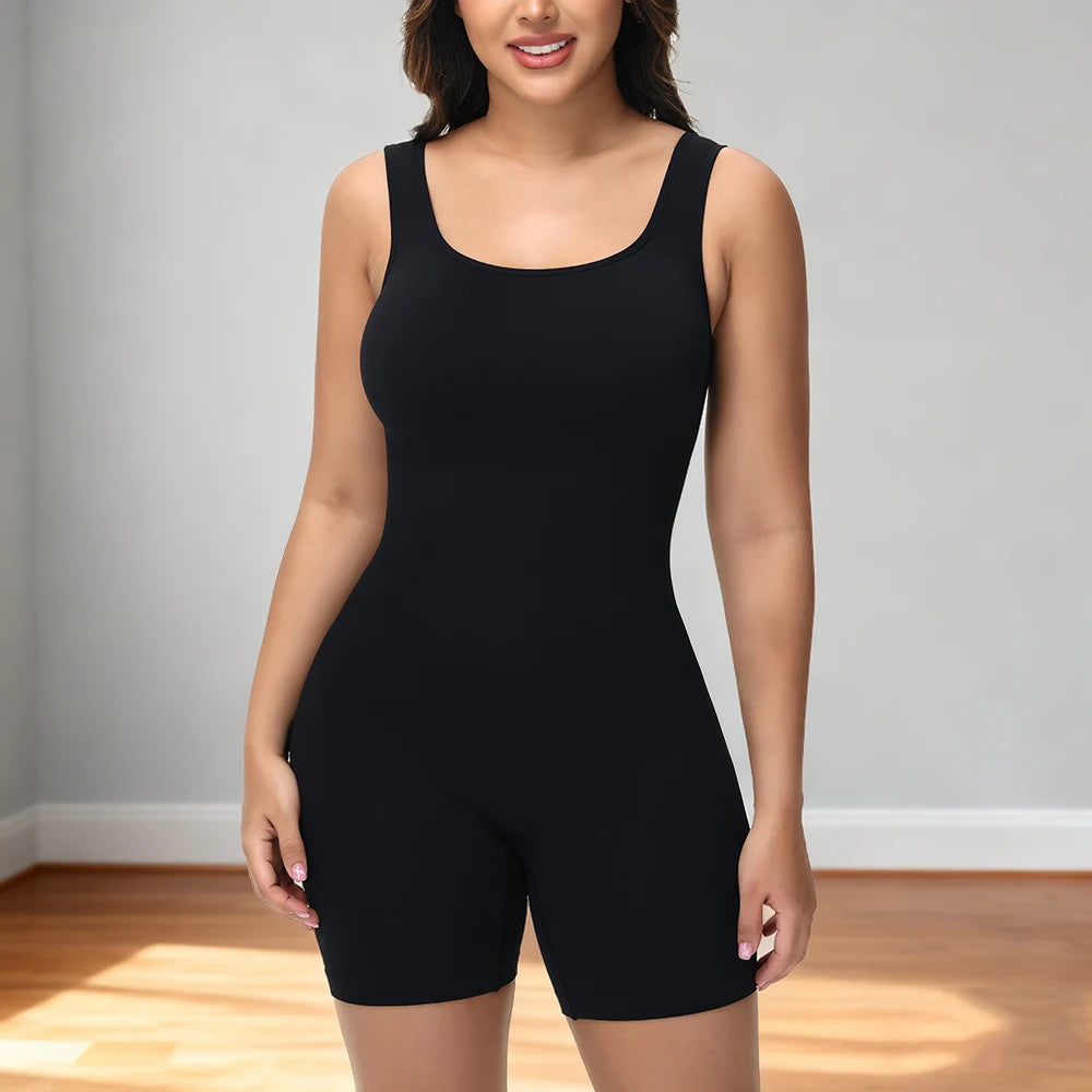 Wide Straps Women's Sexy Slim Fit Bodysuit Tummy Control Shapewear Female Gym Fitness Breathable Short Jumpsuit Everyday Wear
