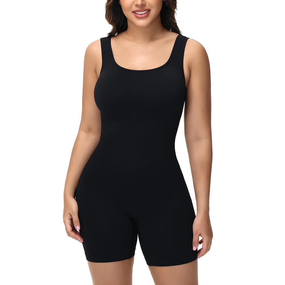 Wide Straps Women's Sexy Slim Fit Bodysuit Tummy Control Shapewear Female Gym Fitness Breathable Short Jumpsuit Everyday Wear