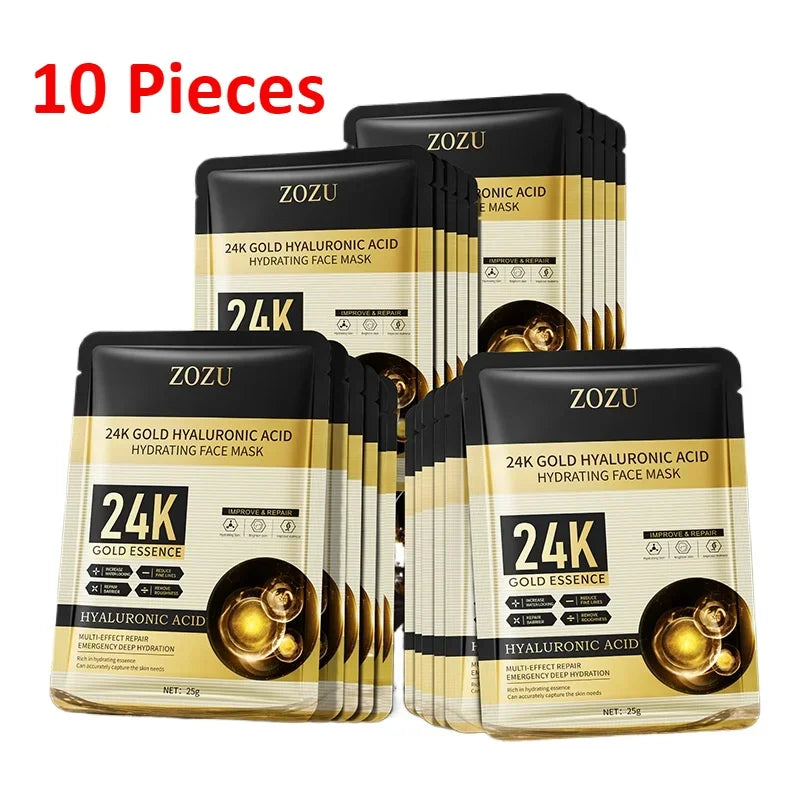 10 pieces 24k Gold Hyaluronic Acid Moisturizing Facial Mask Anti-Aging Oil-control Mask for Face Women Korean Skin Care Products