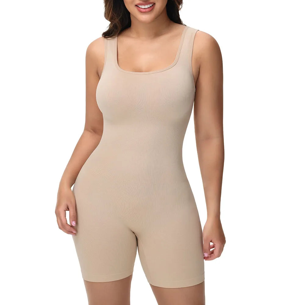 Wide Straps Women's Sexy Slim Fit Bodysuit Tummy Control Shapewear Female Gym Fitness Breathable Short Jumpsuit Everyday Wear